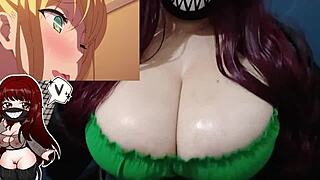Sexy Milf Plays with Big Tits While Watching Hentai