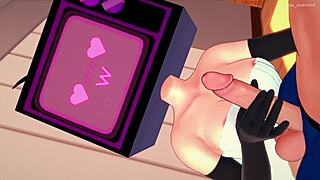 TV woman plays with big wet cock