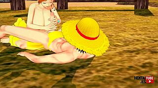 Luffy catches Nami's eye in the One Piece world, leading to her handjob tease and deep missionary pounding in uncensored Japanese anime game porn