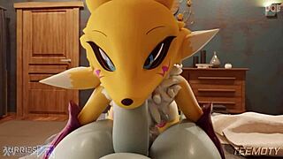 Renamon slurps huge furry cock pov blowjob nipples tits monster deepthroat