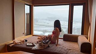 bathhouse beauty slips out of yukata for homemade fuck. curvy japanese gf licked kissed poolside