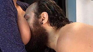 He grows horny staring at my big tits until exploding cum all over them. We lick it clean together.