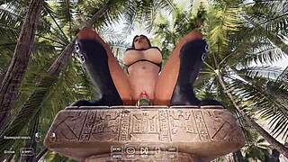 Lara Croft lubes dildo with pussy juices to spark lust mark