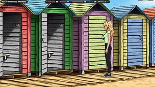 a masseur fingers innocent jenny's pussy then stranger jerks off watching her beach ass