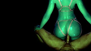 Blue succubus demon grinds and rides monster cock lap dance