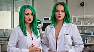 Overwhelming Desire Drives Green-Haired Twins To Fist Passionately In Lab