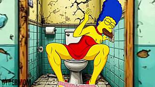 Married housewife sneaks public gloryhole fun in simpsons restroom parody