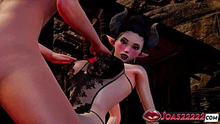 dark elf cassandra's big tits get licked in pov cunnilingus as she sits moaning with double vibrator in pussy and ass till she squirts