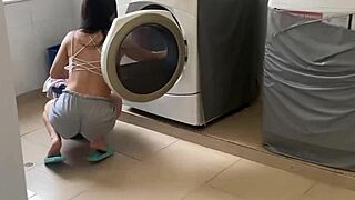 Latina Milf's Tight Pussy Makes Him Cum Fast on Washer