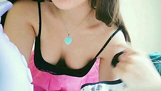 omg this naughty teen in pink skirt teases with dildo play and natural tits bouncing 😘