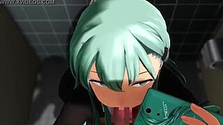 hatsune miku kneels in bathroom for deep pov blowjob action