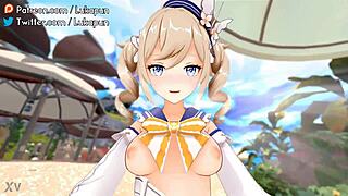 Genshin Barbara rides cowgirl on sunny beach 3d animation