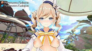 Genshin Barbara rides cowgirl on sunny beach 3d animation