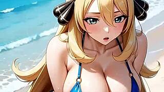 Pregnant Pokémon Cynthia Flaunts Body, Kisses, and Licks on Beach