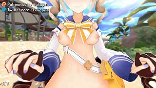 Genshin Barbara rides cowgirl on sunny beach 3d animation