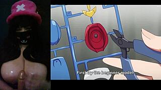 Thick goth with big tits watches hentai using dildo