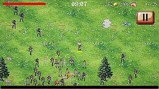 Virgin warrior knight in hentai game saves big cock first time for sexy lady but faces femdom gangbang creampie