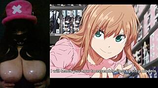 Thick goth with big tits watches hentai using dildo