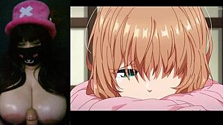 Thick goth with big tits watches hentai using dildo