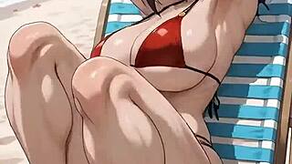 momo yaoyorozu in bikini licks her muscular body craving cream all over
