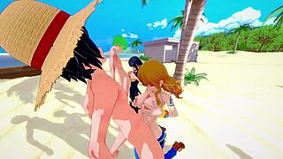 Batman crashes the scene as Nami and Robin dive into a wild anal foursome with doggystyle creampie finishes