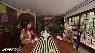 vr konk mikasa and historia cosplay babes slurp huge cock in aot ffm parody ride