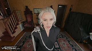 skinny blonde Daenerys Targaryen in Game of Thrones cosplay SUCKS and RIDES monster COCK in VR group parody pt 1