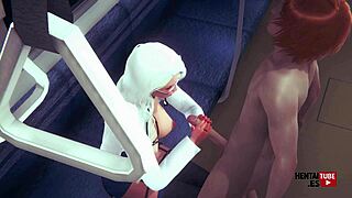 this sexy milf gives handjob then gets fucked hard on crowded subway train in hentai anime game