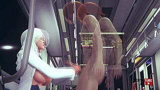 this sexy milf gives handjob then gets fucked hard on crowded subway train in hentai anime game