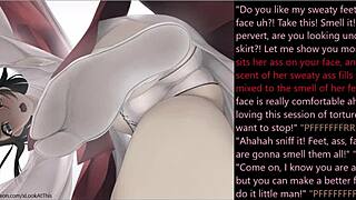 Hentai femdom mistress facesits with farts while dominating feet bondage slave