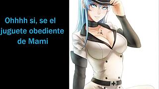 esdeath whispers, stroke your cock slow while i tease my big tits for you