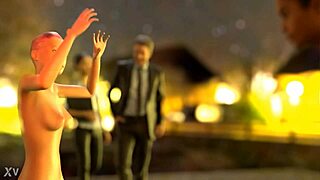 This naughty babe strips naked on the street, shaking her big ass tits in extreme bdsm group fetish dance