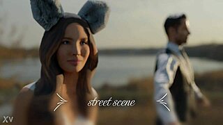 This naughty babe strips naked on the street, shaking her big ass tits in extreme bdsm group fetish dance