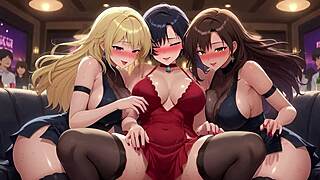 imagine these busty demon girls at the private party going lesbian wild in a huge group threesome