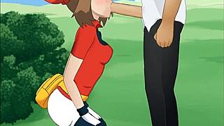 Pokemon trainer May Hakura gives super deepthroat blowjob with flashing oral