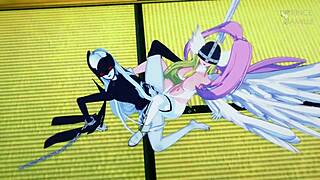 Angewomon and Ladydevimon lesbians tease nipples lick pussies in hot body play