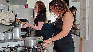 fat friend visits during lunch prep gets doggystyle creampie from hubby big tits bouncing