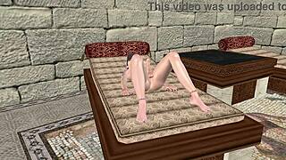 A beautiful shemale eases bottle deep into her ass on the bed in 3D cartoon hentai