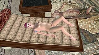 A beautiful shemale eases bottle deep into her ass on the bed in 3D cartoon hentai