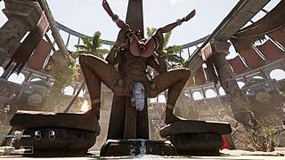 A crowd watches Lara Crofts ass destroyed by giant statue cock in BDSM.