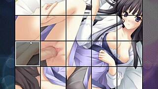 she rides that big-titted hentai babe cowgirl style in puzzle gameplay, cumming hard all over her huge boobs