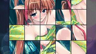 she rides that big-titted hentai babe cowgirl style in puzzle gameplay, cumming hard all over her huge boobs