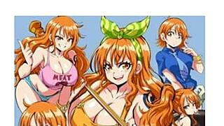 Nami strokes her big ass and massive tits to the beat in One Piece hentai