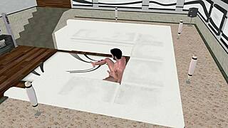 3d gay stud drops to floor shaking floppy saggy tits and huge monster cock wild.