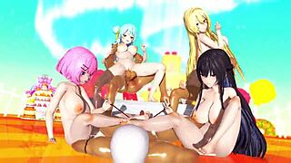 In this MMD hentai, dancing group strips to sneakers for wild sex orgy