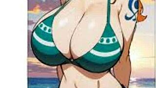 Nami strokes her big ass and massive tits to the beat in One Piece hentai