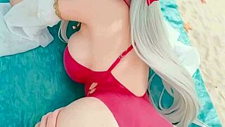 Silver-haired girl enjoys sex on a sunny beach in this ai scene
