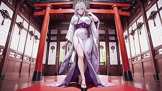 Silver-haired miko in half-unbuttoned kimono kneels with intense eye contact