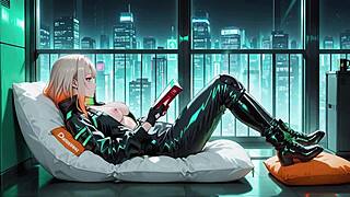 Blonde agent crouches low in wet leather during neon rain at night