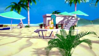 Anime girl in yellow swimsuit masturbates on the beach